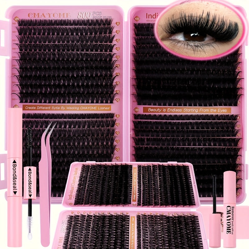 800/621/180/2pcs clustered self-grafted false eyelashes DIY kit, Wild Makeup style, mixed length 8-18mm, D curl, with false eyelash glue tweezers brush remover and grafting tool, suitable for beginners, perfect Mother's Day/Valentine's Day gift