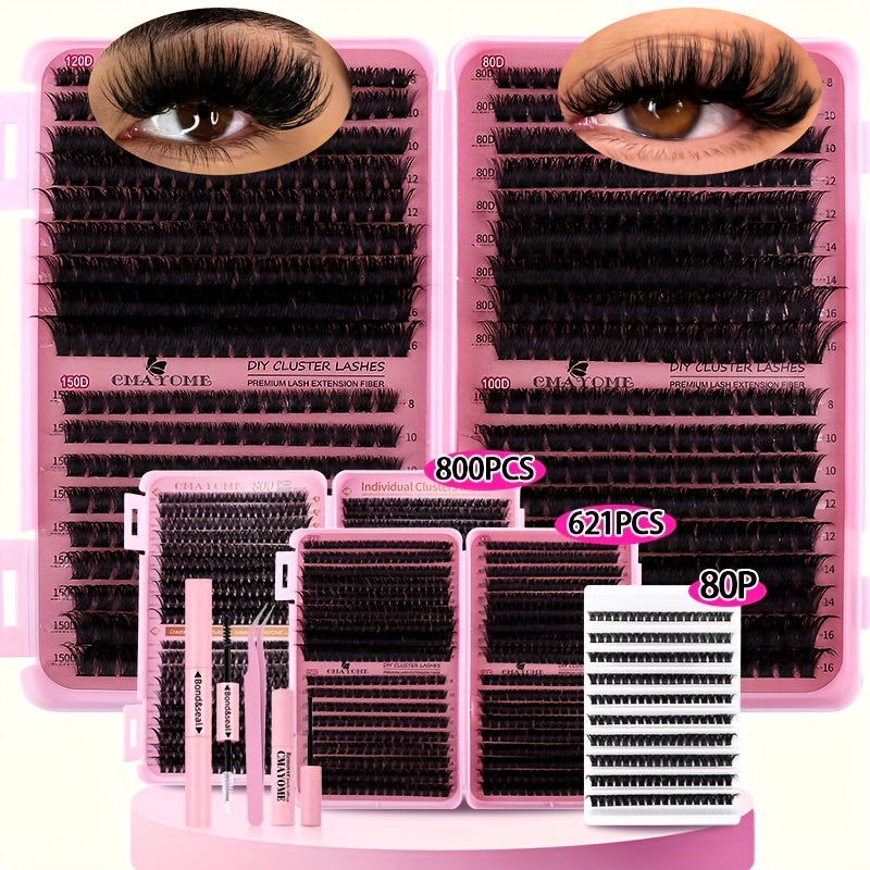 800/621/180/2pcs clustered self-grafted false eyelashes DIY kit, Wild Makeup style, mixed length 8-18mm, D curl, with false eyelash glue tweezers brush remover and grafting tool, suitable for beginners, perfect Mother's Day/Valentine's Day gift