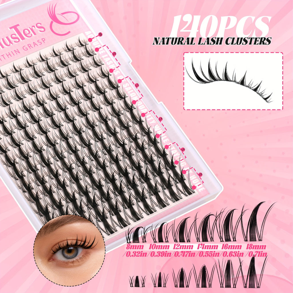 140pcs Fairy Lash Kit - 8-18mm Manga Eyelash, C Curl, Ultra-Thin Invisible Band, Natural Extensions for DIY Anime Lashes
