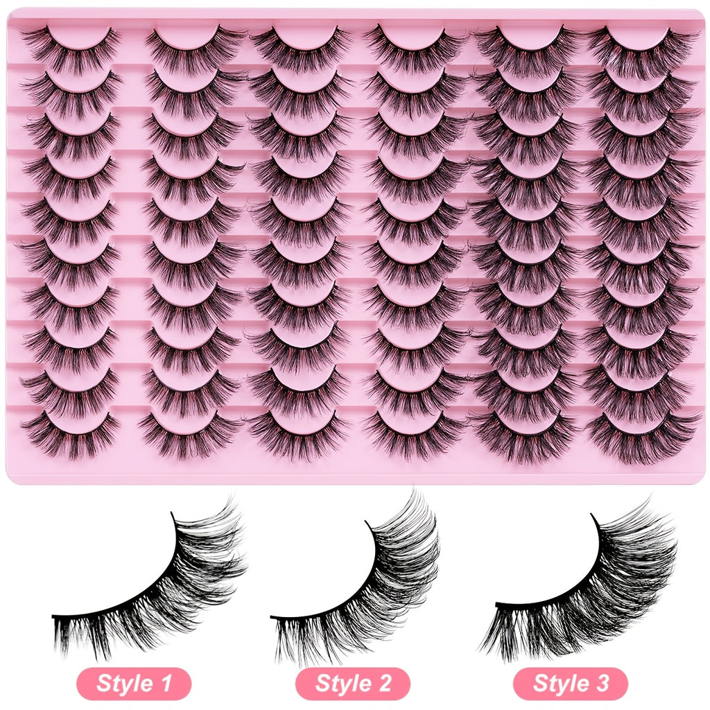 30 Pairs of Black False Eyelashes Mix 3 Styles, Thick Curly Eyelashes Cat-Eye Fluffy Lashes, For Daily & Party Makeup