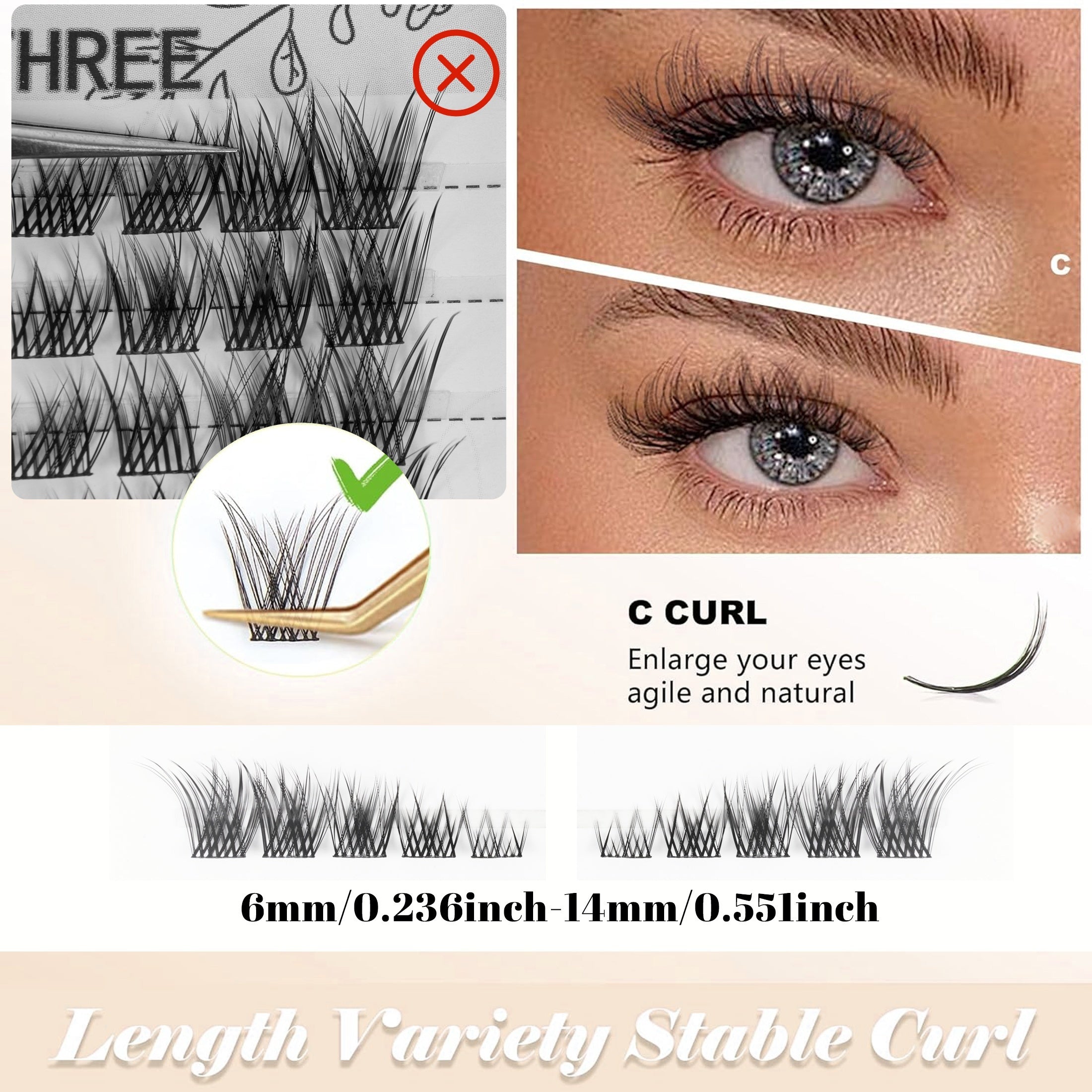 [Natural Clusters] Natural Eyelash Clusters | 140 in 14 Rows | Natural Clusters | Cat Eye Extensions | Left And Right Fox Eye Lashes