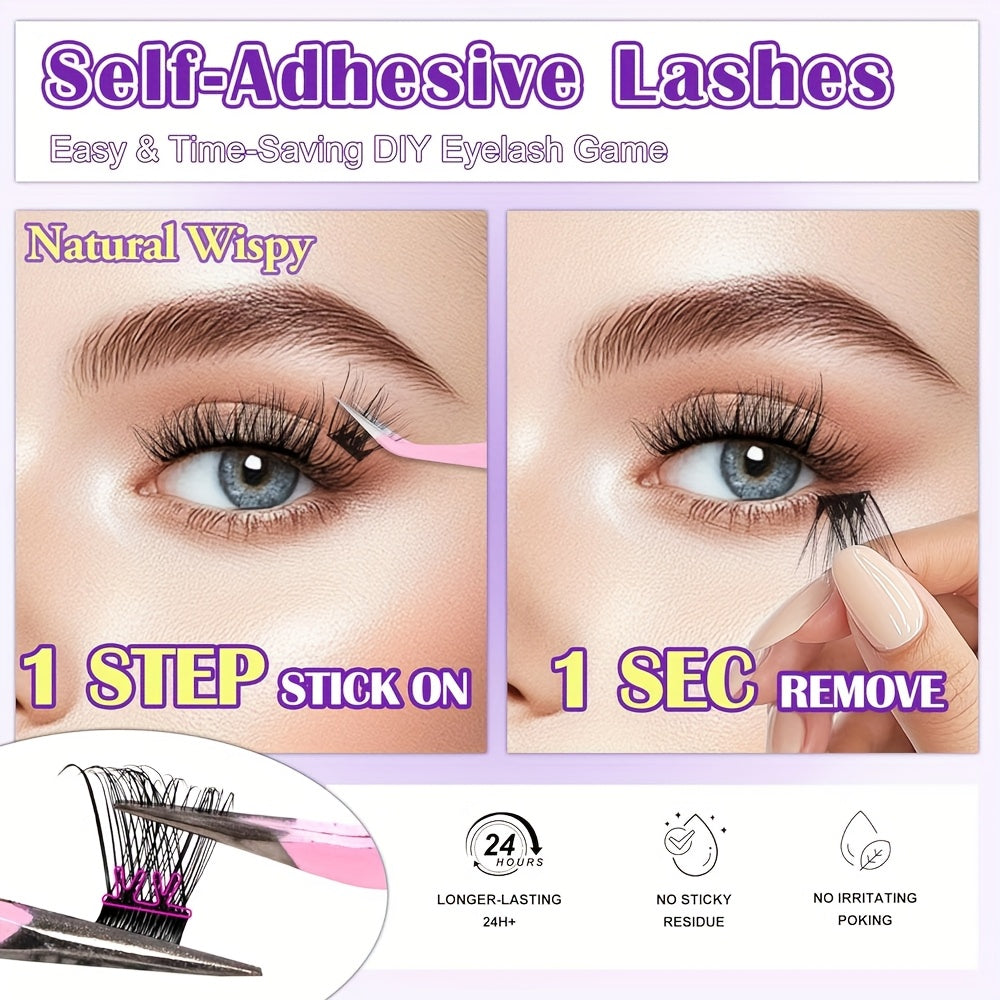 240pcs Self-Adhesive Eyelashes Book, No Glue Needed! Natural Wispy Lashes - Reusable, Lightweight, Easy to Apply for Beginners, Fluffy Anime-Style Cluster Lashes, High-Volume False Eyelash Kit, Cosmetics, Premium Gift Packaging