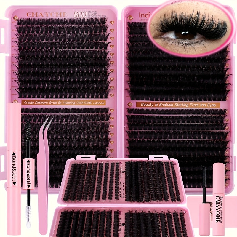 800/621/180/2pcs clustered self-grafted false eyelashes DIY kit, Wild Makeup style, mixed length 8-18mm, D curl, with false eyelash glue tweezers brush remover and grafting tool, suitable for beginners, perfect Mother's Day/Valentine's Day gift