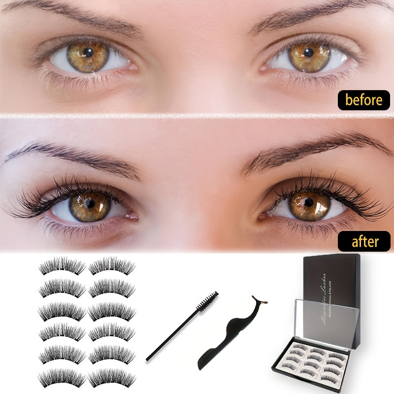 [Trendy Magnetic Eyelashes] FNACCSS 6 Pairs Magnetic Eyelashes Kit - 3D Reusable False Eyelashes with Lash Curler, Brush & Tweezers, No Glue Needed, Beginner-Friendly for Natural Daily & Party Looks, Self-Adhesive with Applicator