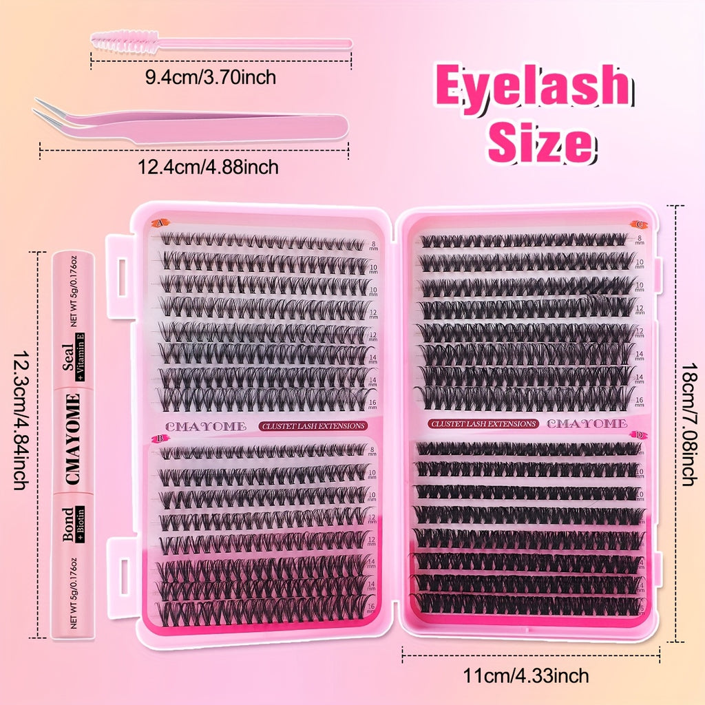 [640pcs Lash Extension Kit] 640pcs Thick Volume Lash Clusters | High-Capacity DIY Individual Lashes with Wispy Lash Bond, Glue Tweezer, and Brush for At-Home Eyelash Extensions