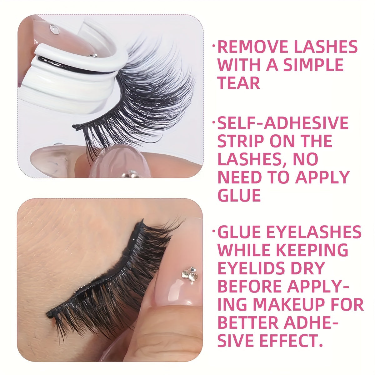 [Glue Free] Self Adhesive Eyelashes | 3 Pairs | 3D Faux Mink | Glue Free, Reusable | Natural Look | 5-14mm