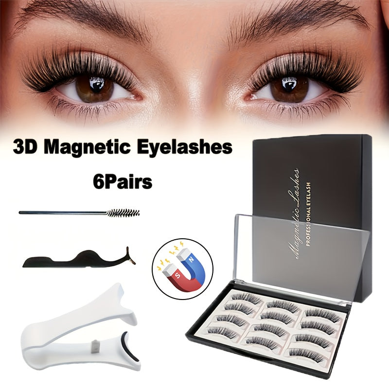 [Trendy Magnetic Eyelashes] FNACCSS 6 Pairs Magnetic Eyelashes Kit - 3D Reusable False Eyelashes with Lash Curler, Brush & Tweezers, No Glue Needed, Beginner-Friendly for Natural Daily & Party Looks, Self-Adhesive with Applicator
