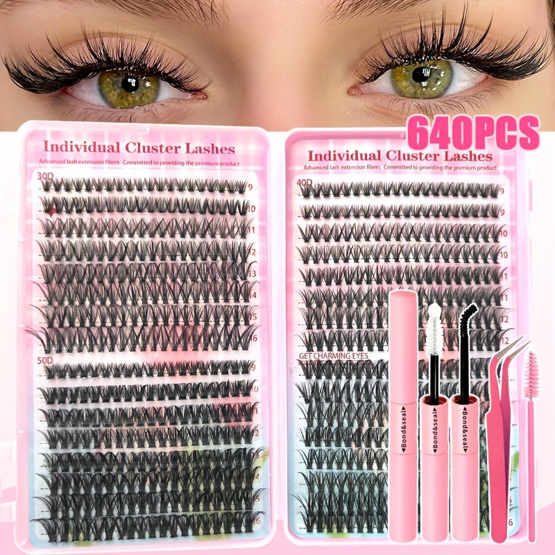 [DIY Eyelash] DIY Eyelash Extension Kit | 200/640pcs | Individual Lashes Clusters | 9-16Mm Lengths in 30D, 40D, And 50D | Includes Cluster Lash Bond, Seal, And Applicator | Stunning Gift Set