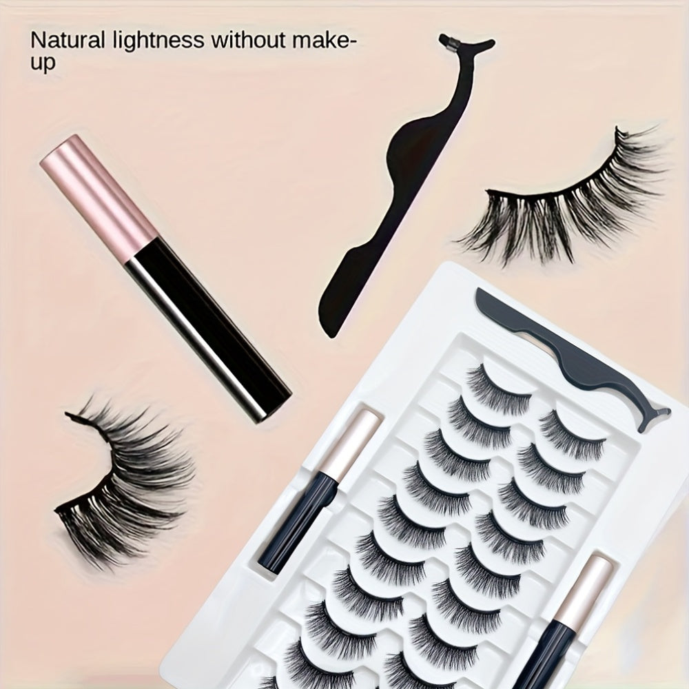 10 Pairs Reusable Magnetic False Eyelashes Kit - Easy, Glue-Free, and Alcohol-Free Application with 2 Long-Lasting Eyeliner Pens and Tweezers - Perfect for Beginners, Natural Look for Parties, Festivals, and Everyday Use