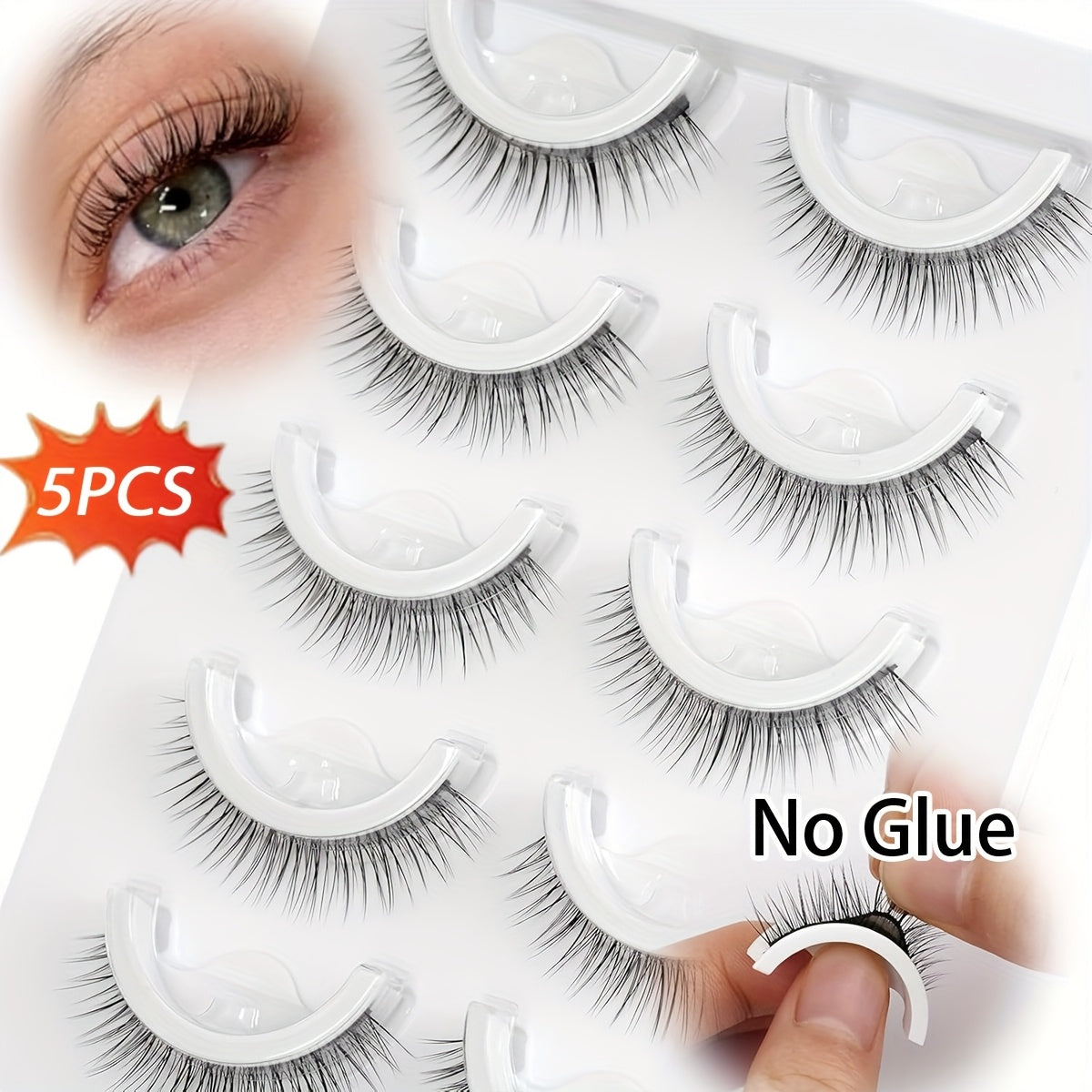 A Set of 5 Pairs of Self-Adhesive False Eyelashes That Are Pre-Glued, Reusable, And Made from Natural Fluffy Materials. They Are Lightweight, Easy to Wear, And Odorless.