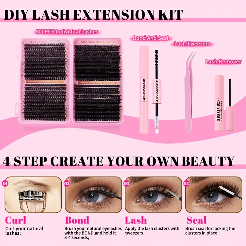 800/621/180/2pcs clustered self-grafted false eyelashes DIY kit, Wild Makeup style, mixed length 8-18mm, D curl, with false eyelash glue tweezers brush remover and grafting tool, suitable for beginners, perfect Mother's Day/Valentine's Day gift