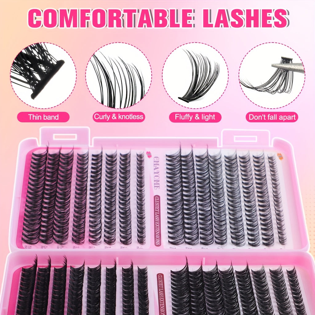 [640pcs Lash Extension Kit] 640pcs Thick Volume Lash Clusters | High-Capacity DIY Individual Lashes with Wispy Lash Bond, Glue Tweezer, and Brush for At-Home Eyelash Extensions
