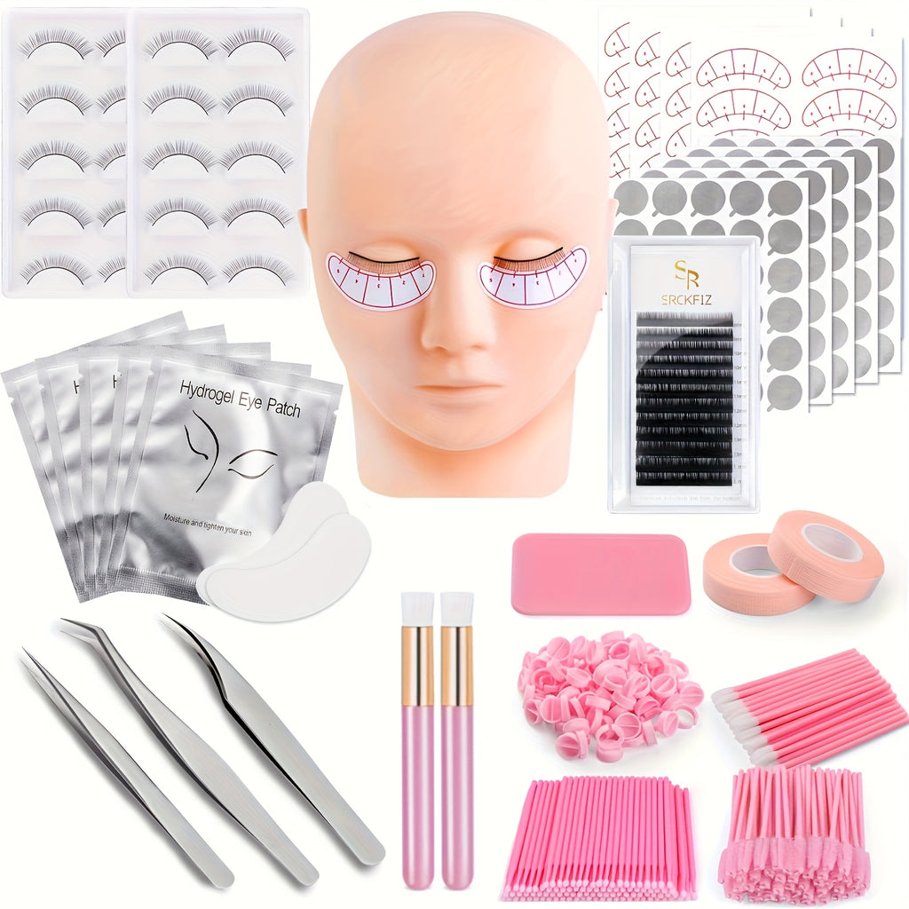 False Eyelash Tool Set, Model Head Tweezers Brush Practice Eyelash Dense Arrangement Eyelash Positioning Sticker Cleaning Brush Glue Ring Set, Tools for Novices to Practice Grafting Eyelashes Dense Arrangement Eyelash Curvature and Thickness Random