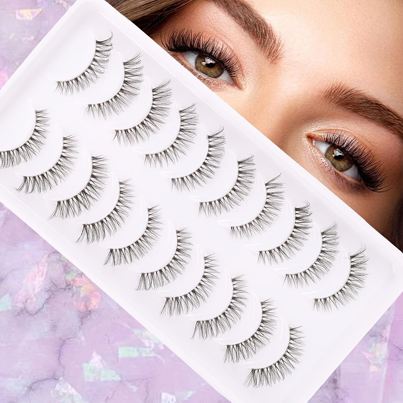 10 Pairs 3D Doll Natural Fluffy Cross Eyelashes, Hypoallergenic B C D Curl, 6-9mm & 13-15mm Length, Transparent Stem, Invisible Extension for Enhanced Eyes, Daily Light Makeup BHZD-006D-3