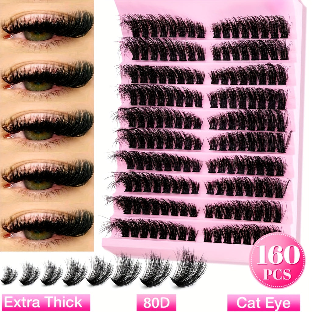 120/160/200pcs Natural Look D Curl Lash Clusters (9–16mm), DIY Eyelash Extensions Kit with Mixed 40D, T50, 80D, and 80D-Cat Eye Styles, Extra Thick Beginner-Friendly, Lightweight, Comfortable to Wear, and Reusable for Salon-Quality Results at Home