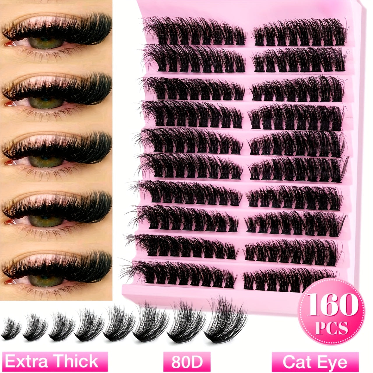 120/160/200pcs Natural Look D Curl Lash Clusters (9–16mm), DIY Eyelash Extensions Kit with Mixed 40D, T50, 80D, and 80D-Cat Eye Styles, Extra Thick Beginner-Friendly, Lightweight, Comfortable to Wear, and Reusable for Salon-Quality Results at Home