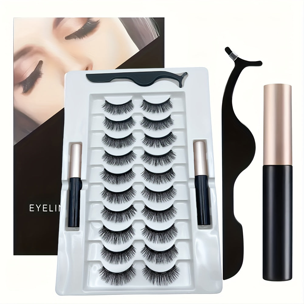 10 Pairs Reusable Magnetic False Eyelashes Kit - Easy, Glue-Free, and Alcohol-Free Application with 2 Long-Lasting Eyeliner Pens and Tweezers - Perfect for Beginners, Natural Look for Parties, Festivals, and Everyday Use