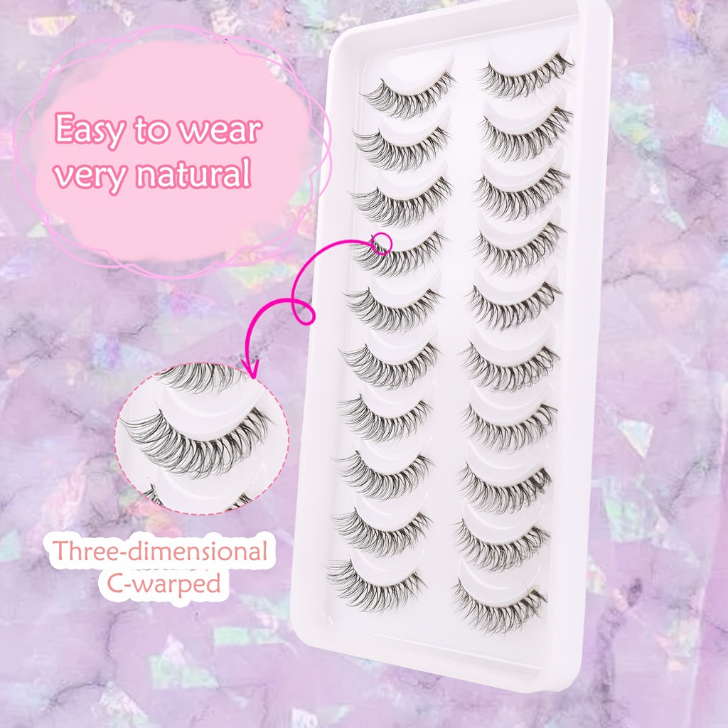 10 Pairs 3D Doll Natural Fluffy Cross Eyelashes, Hypoallergenic B C D Curl, 6-9mm & 13-15mm Length, Transparent Stem, Invisible Extension for Enhanced Eyes, Daily Light Makeup BHZD-006D-3
