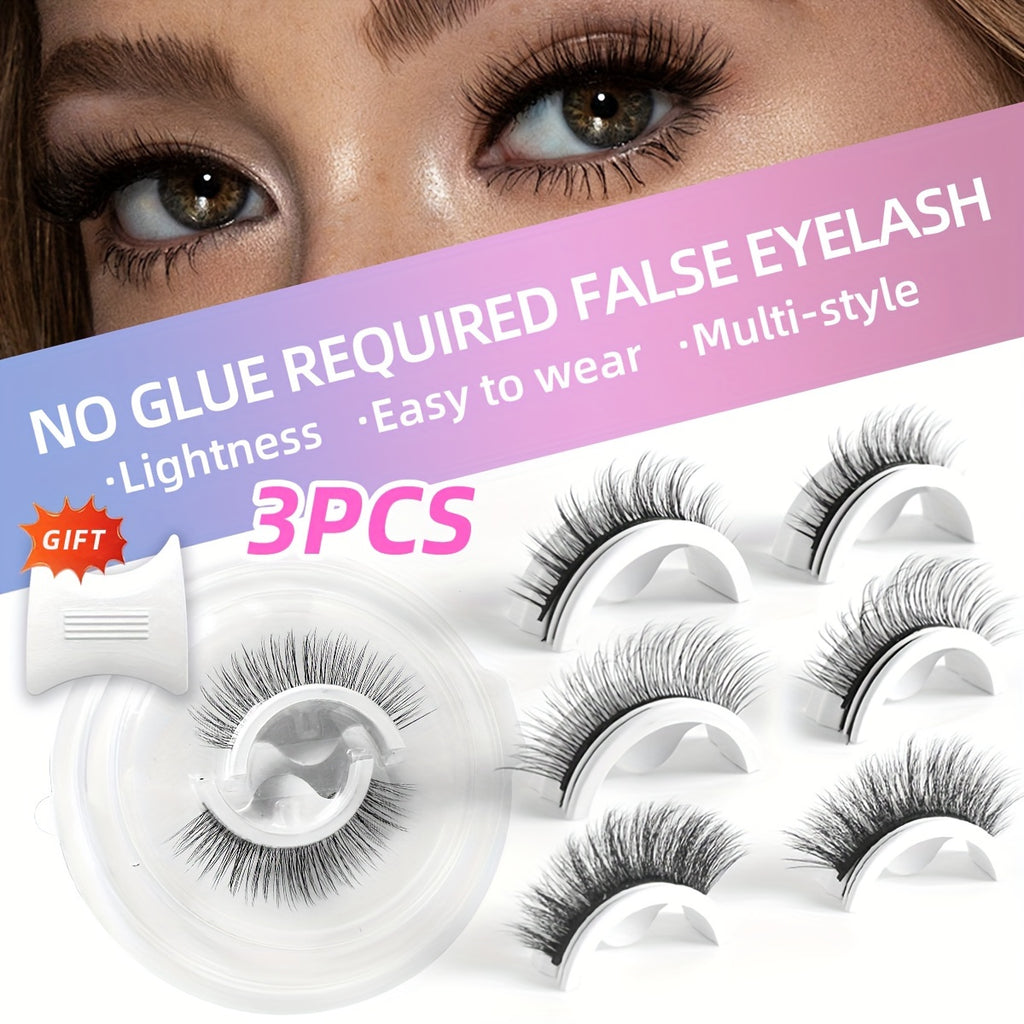 [Glue Free] Self Adhesive Eyelashes | 3 Pairs | 3D Faux Mink | Glue Free, Reusable | Natural Look | 5-14mm