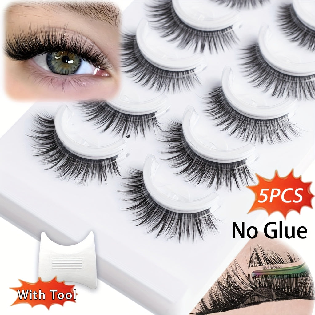 [5 Pairs Self-Adhesive Lashes] 5 Pairs Self-Adhesive No Glue Cat-Eye Mink Lash Extensions | Reusable Press-On Lashes with C Curl, Natural & Voluminous Styles for Beginners & Pros | Eyelash Accessories, Beginner Friendly, Curl Enhancing, Fluffy Texture