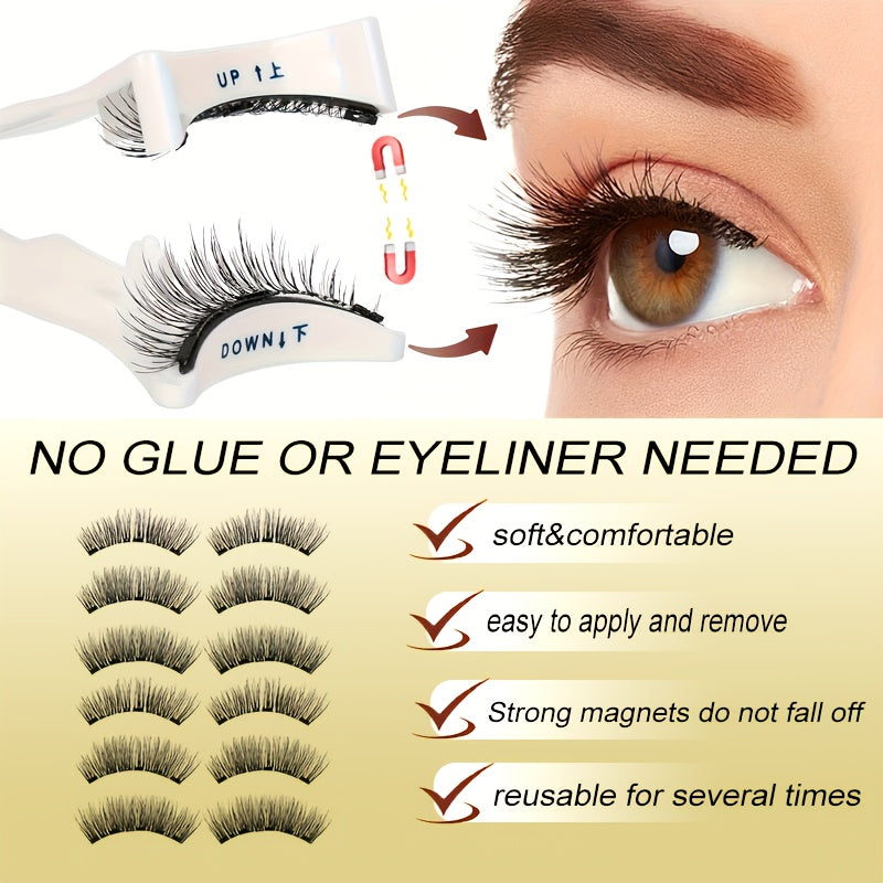 [Trendy Magnetic Eyelashes] FNACCSS 6 Pairs Magnetic Eyelashes Kit - 3D Reusable False Eyelashes with Lash Curler, Brush & Tweezers, No Glue Needed, Beginner-Friendly for Natural Daily & Party Looks, Self-Adhesive with Applicator