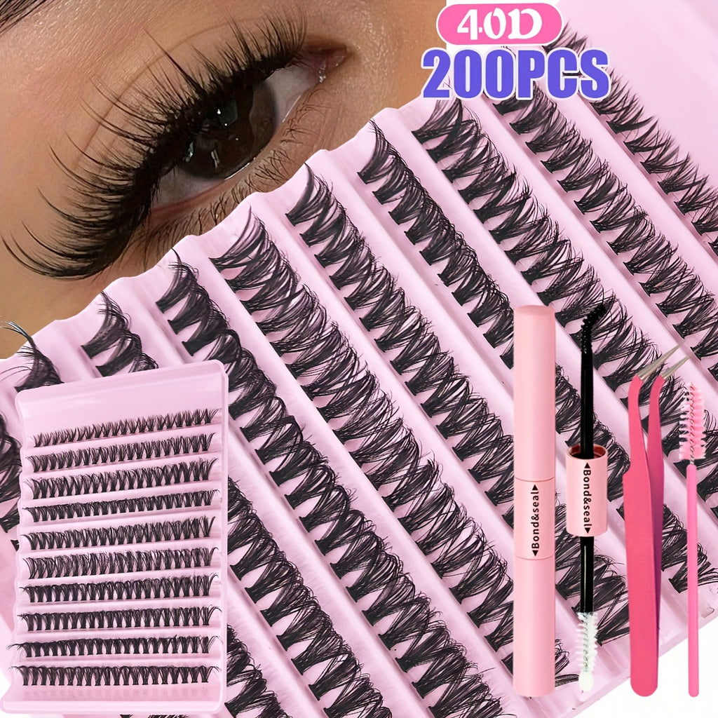 [200/720pcs Lash Extension Kit] 200/720pcs Lash Extension Kit | Eyelash Extension with Lash Bond and Seal, Lash Tweezers, Thick Lash Clusters, Wispy Individual Lashes D Curl Lash Extension (30D 40D Mixed, 9-16MM) Exquisite Gift Set