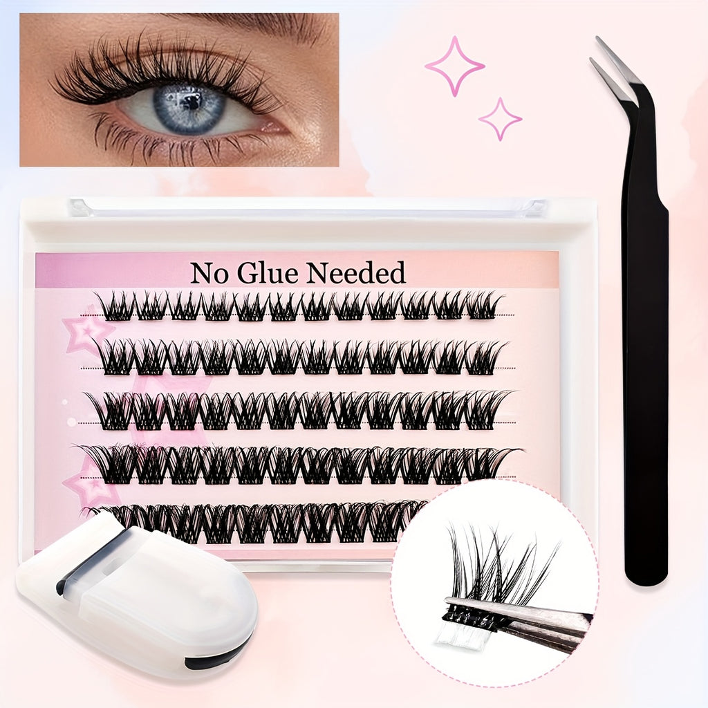 60 Clusters of Self-adhesive Eyelashes, Fluffy and Cat Eye Style, Easy-to-Apply Self-Adhesive False Eyelashes Kit Natural Look, Beginner-Friendly