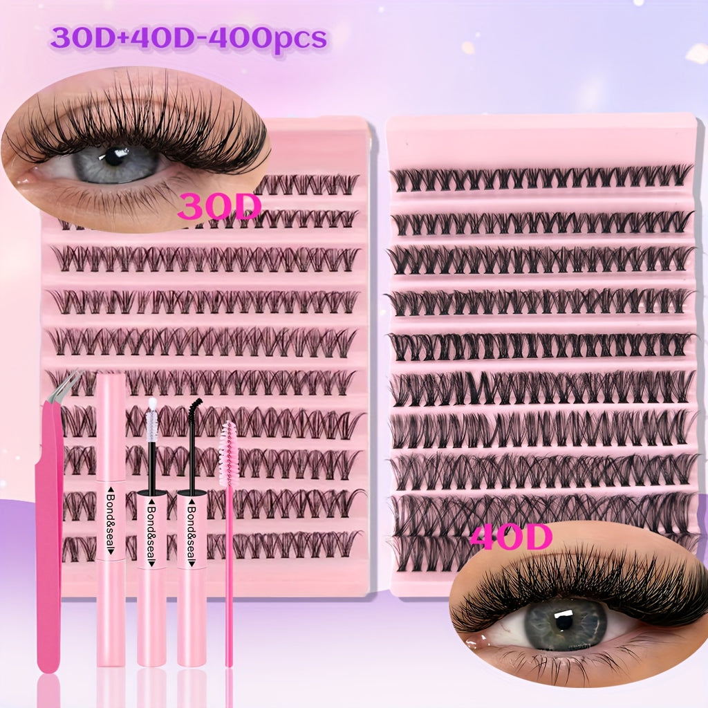 [DIY Eyelash Extension] 400/720pcs DIY Eyelash Extension Set | 9-18mm Mix 30D 40D Single Eyelash Tuft with Eyelash Bonding & Tweezers for Beginners - Exquisite Gift Set for New Year Gifts, Valentine's Day Gifts