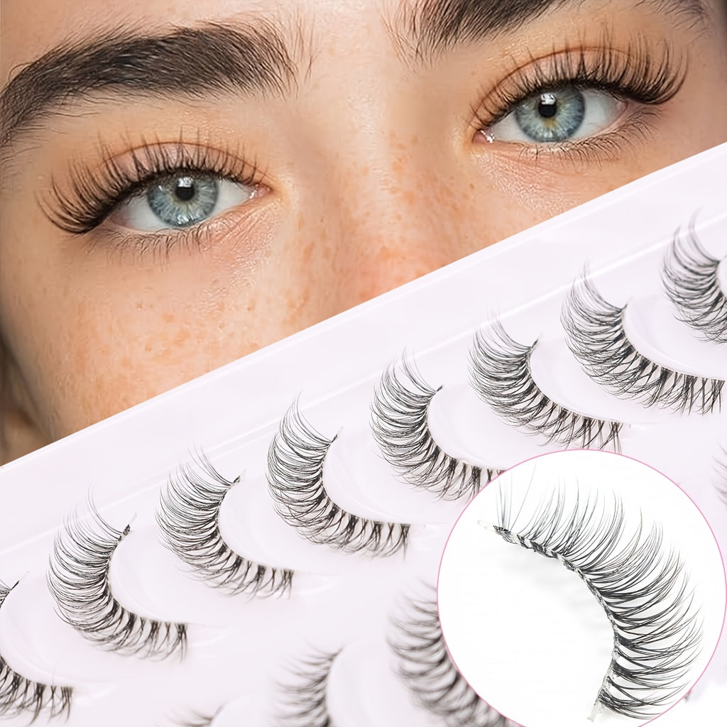 10 Pairs 3D Doll Natural Fluffy Cross Eyelashes, Hypoallergenic B C D Curl, 6-9mm & 13-15mm Length, Transparent Stem, Invisible Extension for Enhanced Eyes, Daily Light Makeup BHZD-006D-3