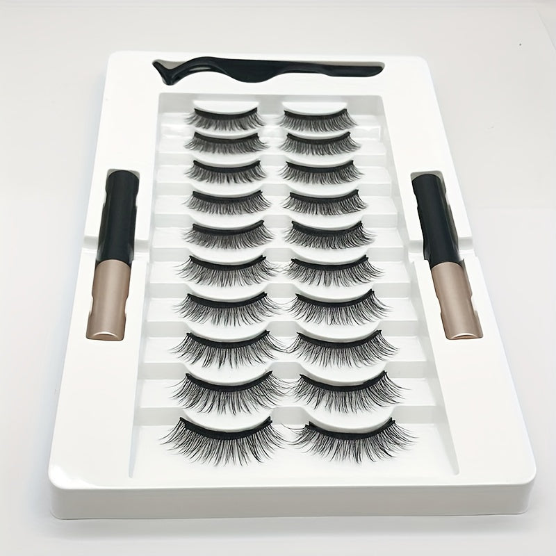 10 Pairs Reusable Magnetic False Eyelashes Kit - Easy, Glue-Free, and Alcohol-Free Application with 2 Long-Lasting Eyeliner Pens and Tweezers - Perfect for Beginners, Natural Look for Parties, Festivals, and Everyday Use