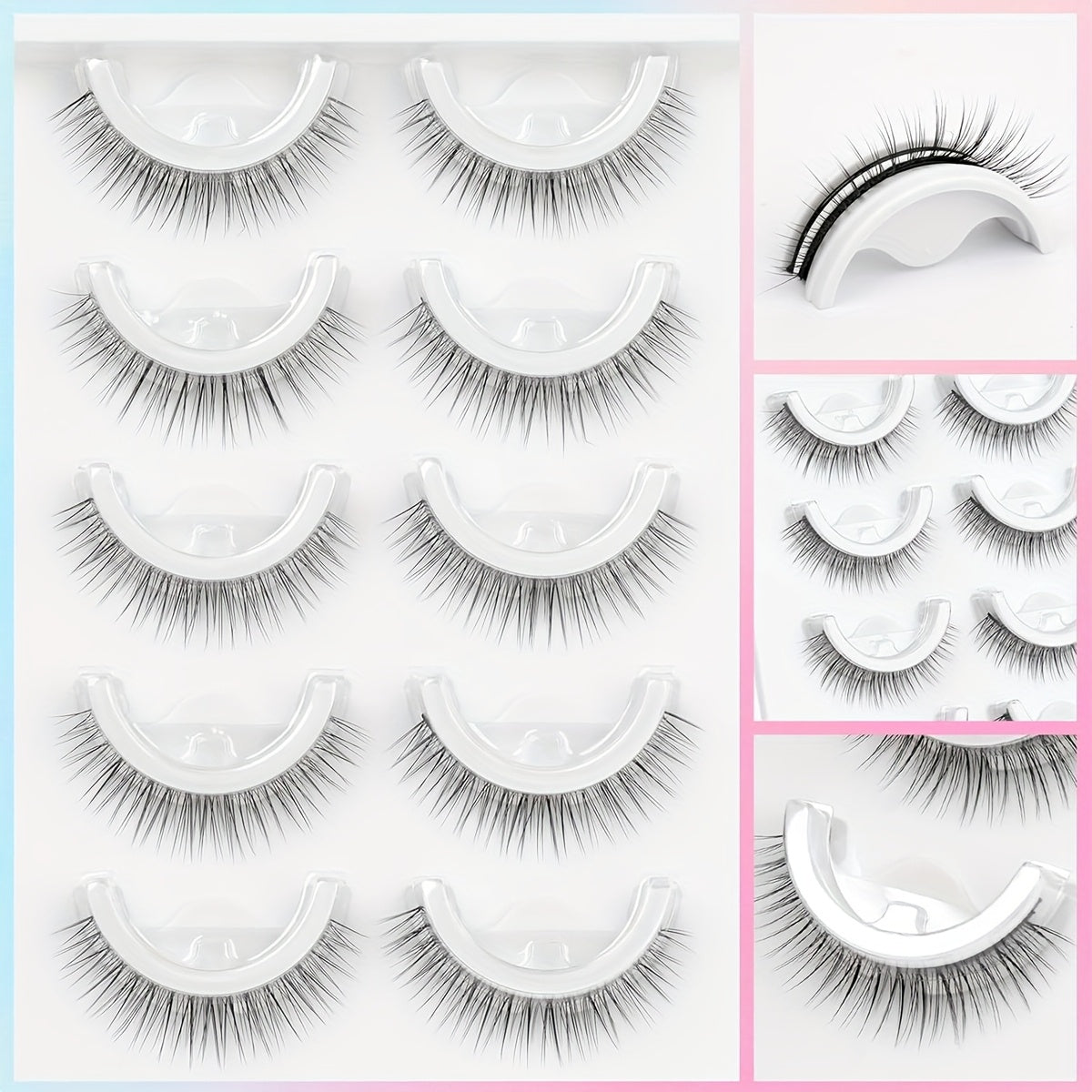 A Set of 5 Pairs of Self-Adhesive False Eyelashes That Are Pre-Glued, Reusable, And Made from Natural Fluffy Materials. They Are Lightweight, Easy to Wear, And Odorless.