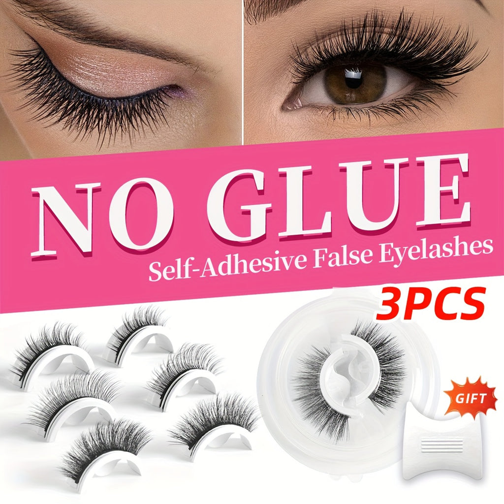 [Glue Free] Self Adhesive Eyelashes | 3 Pairs | 3D Faux Mink | Glue Free, Reusable | Natural Look | 5-14mm