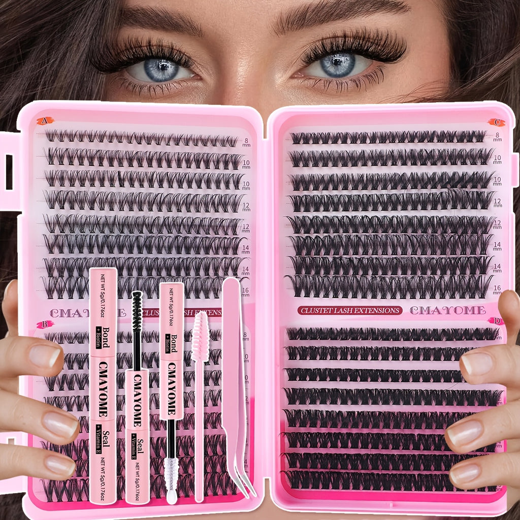[640pcs Lash Extension Kit] 640pcs Thick Volume Lash Clusters | High-Capacity DIY Individual Lashes with Wispy Lash Bond, Glue Tweezer, and Brush for At-Home Eyelash Extensions