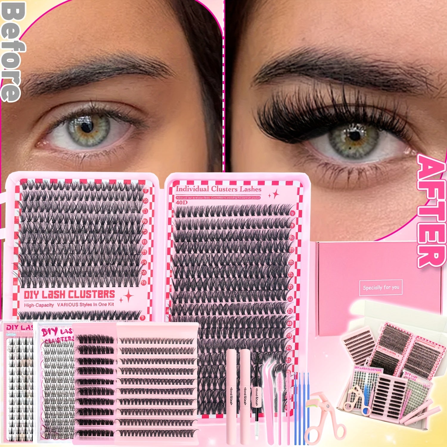 15pcs Set Mixed Length 9-16mm/D Curl/DIY Eyelash Extension/Individual Eyelashes Kit/30D40D50D80D/Fish tail Eyelash/Anime Eyelash/with Glue tool/Natural/Exten Thick/Ultra soft/Reusable/Wedding/Music Festival/Thanksgiving Day And daily use/Gift Set