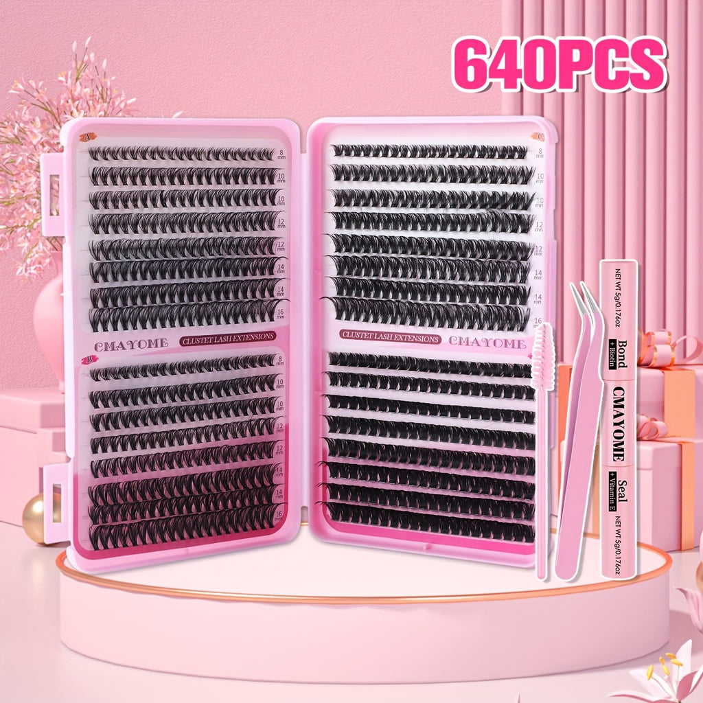 [640pcs Lash Extension Kit] 640pcs Thick Volume Lash Clusters | High-Capacity DIY Individual Lashes with Wispy Lash Bond, Glue Tweezer, and Brush for At-Home Eyelash Extensions