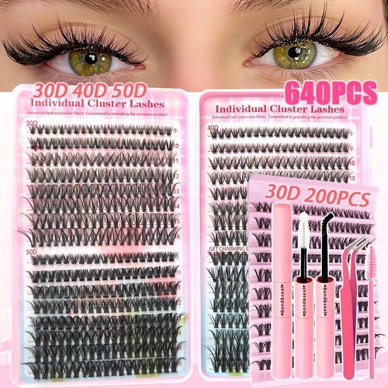 [DIY Eyelash] DIY Eyelash Extension Kit | 200/640pcs | Individual Lashes Clusters | 9-16Mm Lengths in 30D, 40D, And 50D | Includes Cluster Lash Bond, Seal, And Applicator | Stunning Gift Set