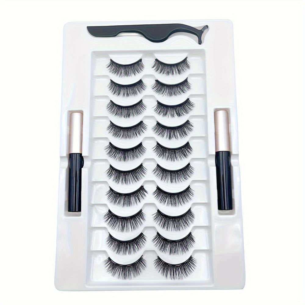10 Pairs Reusable Magnetic False Eyelashes Kit - Easy, Glue-Free, and Alcohol-Free Application with 2 Long-Lasting Eyeliner Pens and Tweezers - Perfect for Beginners, Natural Look for Parties, Festivals, and Everyday Use