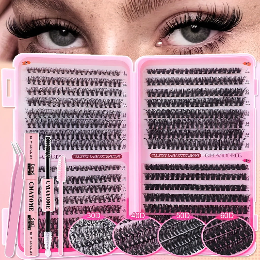 [640pcs Lash Extension Kit] 640pcs Thick Volume Lash Clusters | High-Capacity DIY Individual Lashes with Wispy Lash Bond, Glue Tweezer, and Brush for At-Home Eyelash Extensions