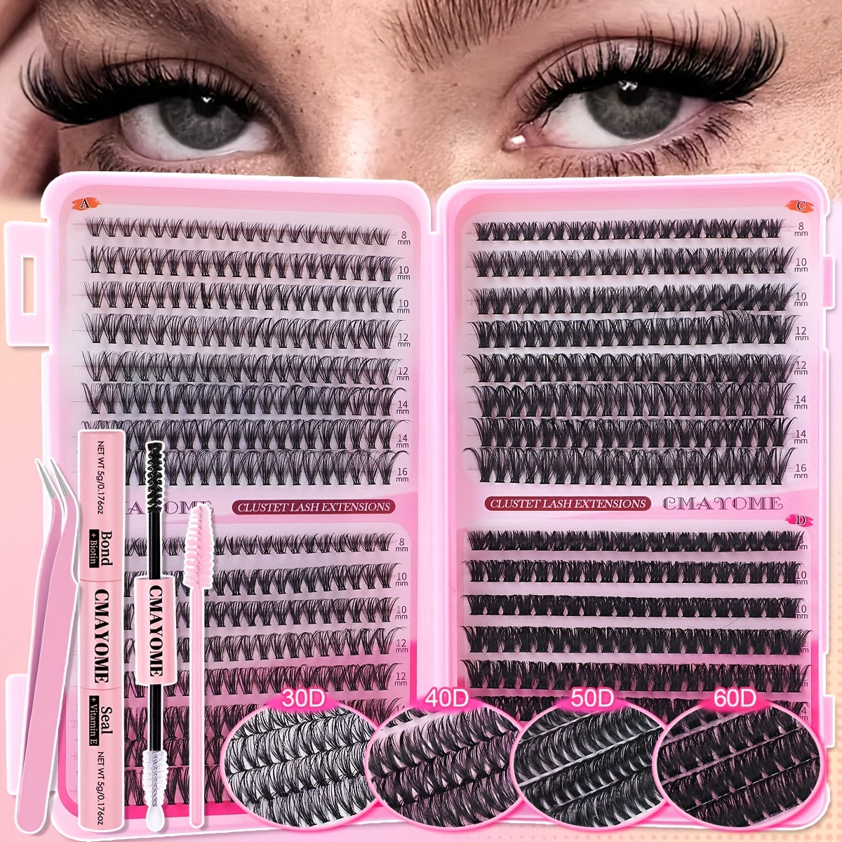 [640pcs Lash Extension Kit] 640pcs Thick Volume Lash Clusters | High-Capacity DIY Individual Lashes with Wispy Lash Bond, Glue Tweezer, and Brush for At-Home Eyelash Extensions