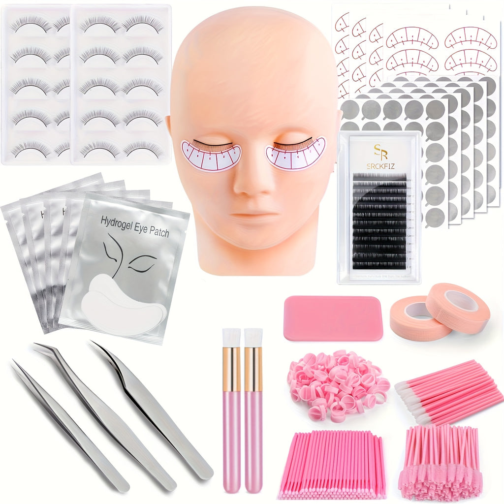 False Eyelash Tool Set, Model Head Tweezers Brush Practice Eyelash Dense Arrangement Eyelash Positioning Sticker Cleaning Brush Glue Ring Set, Tools for Novices to Practice Grafting Eyelashes Dense Arrangement Eyelash Curvature and Thickness Random