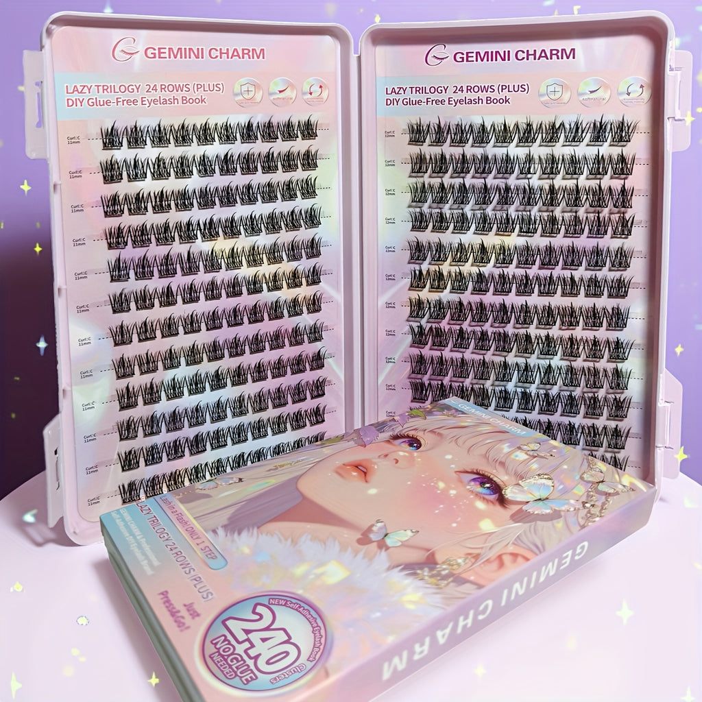 240pcs Self-Adhesive Eyelashes Book, No Glue Needed! Natural Wispy Lashes - Reusable, Lightweight, Easy to Apply for Beginners, Fluffy Anime-Style Cluster Lashes, High-Volume False Eyelash Kit, Cosmetics, Premium Gift Packaging