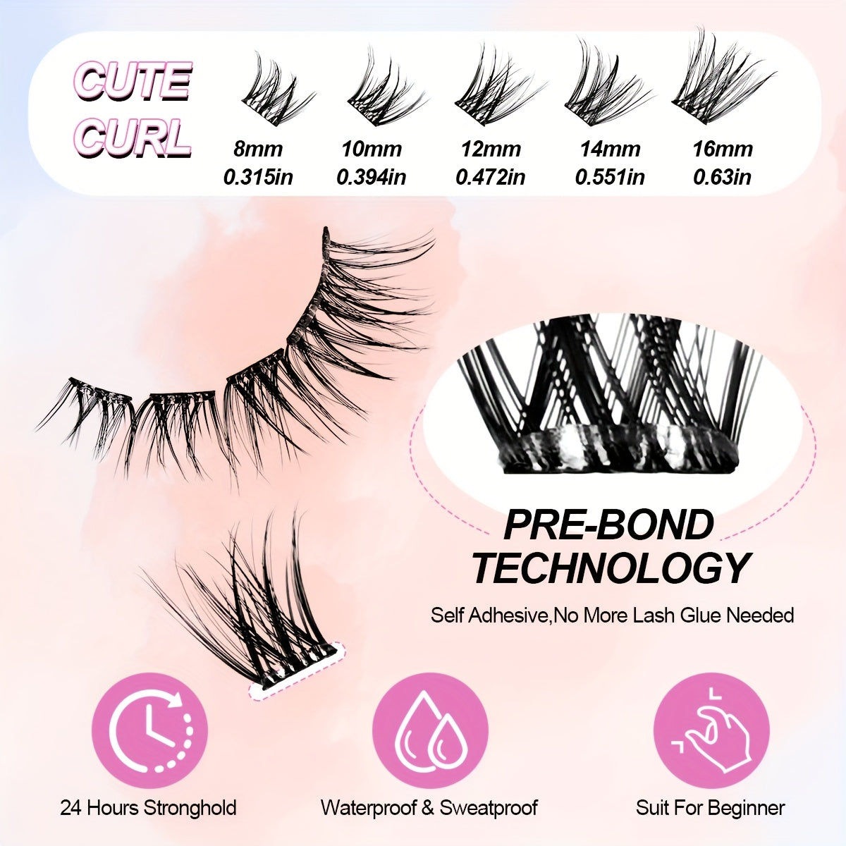 60 Clusters of Self-adhesive Eyelashes, Fluffy and Cat Eye Style, Easy-to-Apply Self-Adhesive False Eyelashes Kit Natural Look, Beginner-Friendly