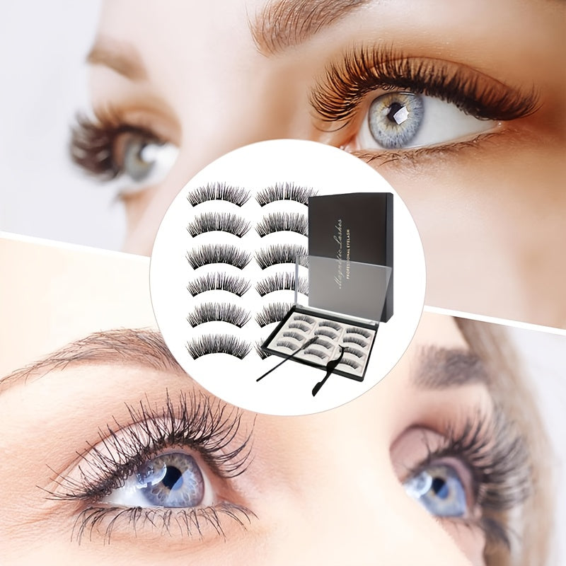 [Trendy Magnetic Eyelashes] FNACCSS 6 Pairs Magnetic Eyelashes Kit - 3D Reusable False Eyelashes with Lash Curler, Brush & Tweezers, No Glue Needed, Beginner-Friendly for Natural Daily & Party Looks, Self-Adhesive with Applicator