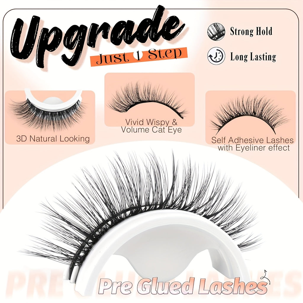 [5 Pairs Self-Adhesive Lashes] 5 Pairs Self-Adhesive No Glue Cat-Eye Mink Lash Extensions | Reusable Press-On Lashes with C Curl, Natural & Voluminous Styles for Beginners & Pros | Eyelash Accessories, Beginner Friendly, Curl Enhancing, Fluffy Texture