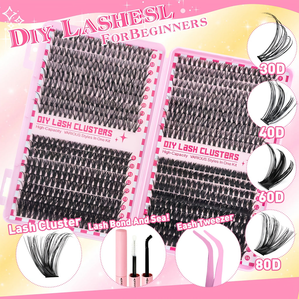800pcs DIY Eyelash Extension Set - 30D-80D Single Lashes, D Curl, 9-16mm, Extra Thick, Reusable, Beginner-Friendly