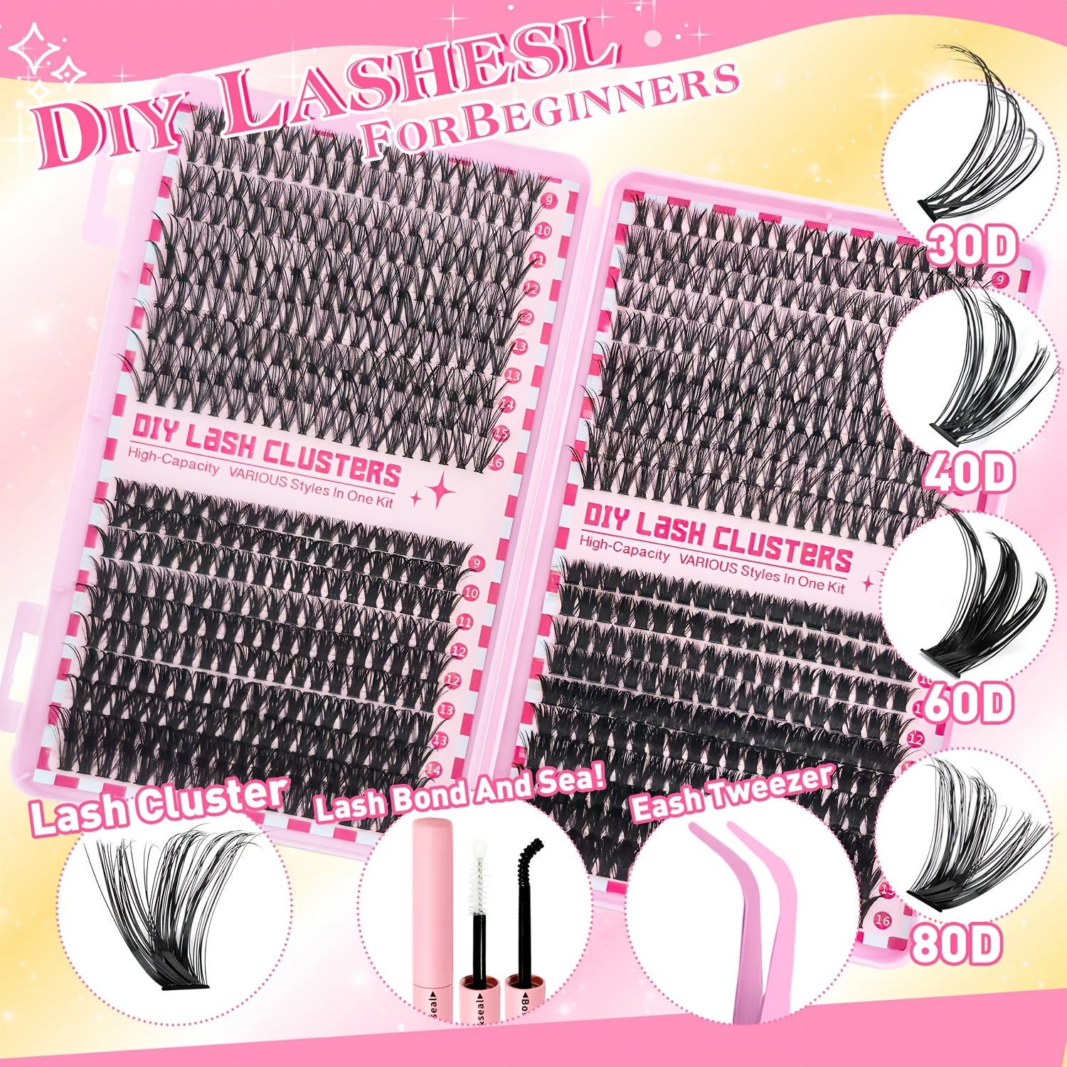 800pcs DIY Eyelash Extension Set - 30D-80D Single Lashes, D Curl, 9-16mm, Extra Thick, Reusable, Beginner-Friendly