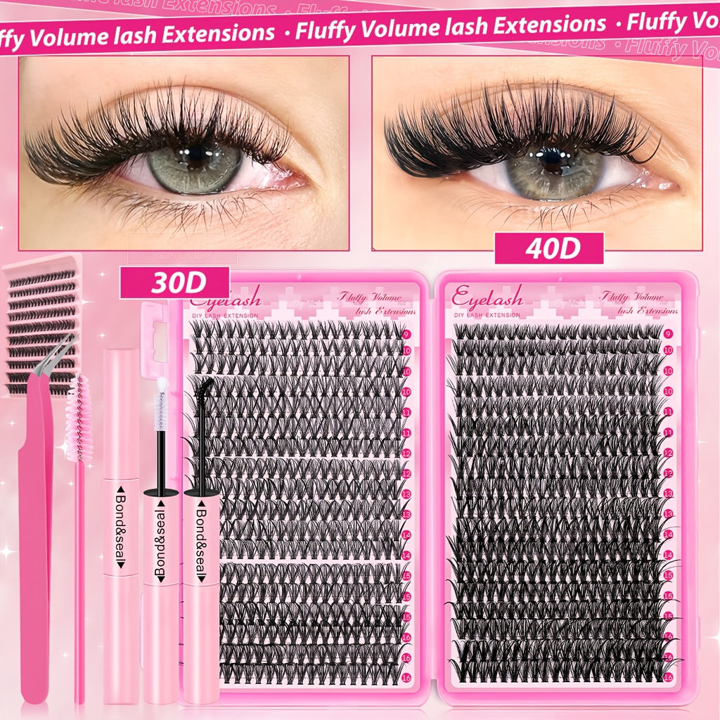 [200/720pcs Lash Extension Kit] 200/720pcs Lash Extension Kit | Eyelash Extension with Lash Bond and Seal, Lash Tweezers, Thick Lash Clusters, Wispy Individual Lashes D Curl Lash Extension (30D 40D Mixed, 9-16MM) Exquisite Gift Set