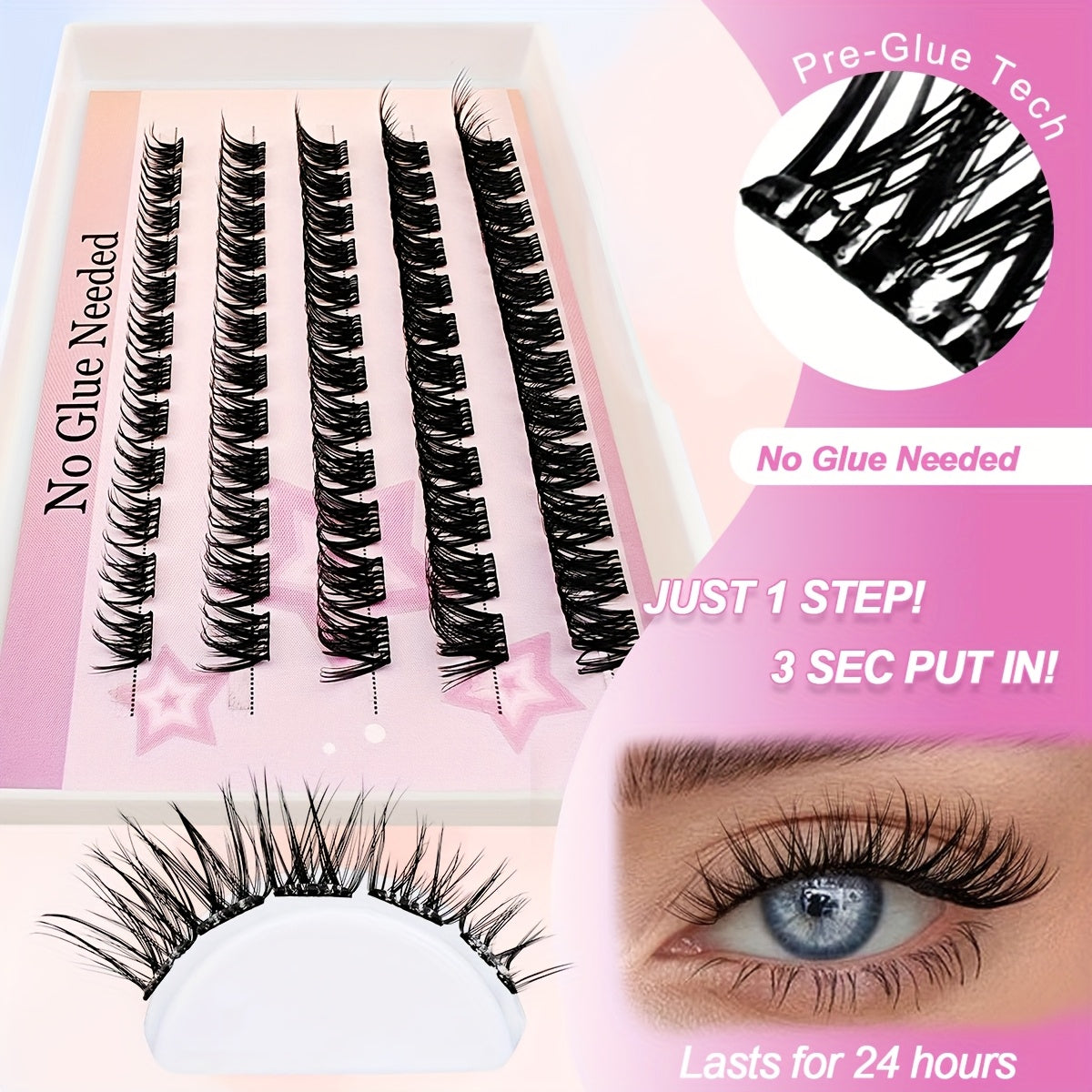60 Clusters of Self-adhesive Eyelashes, Fluffy and Cat Eye Style, Easy-to-Apply Self-Adhesive False Eyelashes Kit Natural Look, Beginner-Friendly