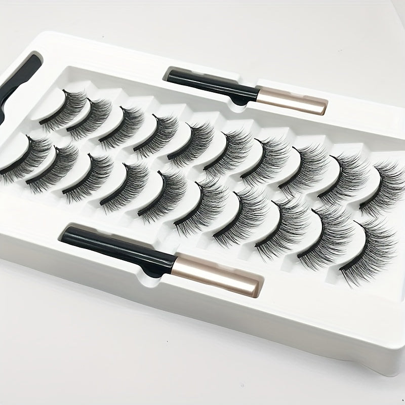 10 Pairs Reusable Magnetic False Eyelashes Kit - Easy, Glue-Free, and Alcohol-Free Application with 2 Long-Lasting Eyeliner Pens and Tweezers - Perfect for Beginners, Natural Look for Parties, Festivals, and Everyday Use