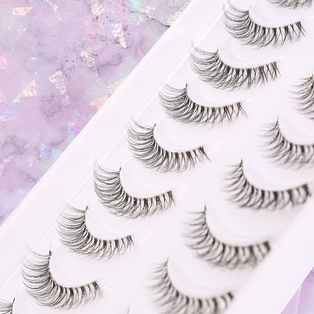 10 Pairs 3D Doll Natural Fluffy Cross Eyelashes, Hypoallergenic B C D Curl, 6-9mm & 13-15mm Length, Transparent Stem, Invisible Extension for Enhanced Eyes, Daily Light Makeup BHZD-006D-3